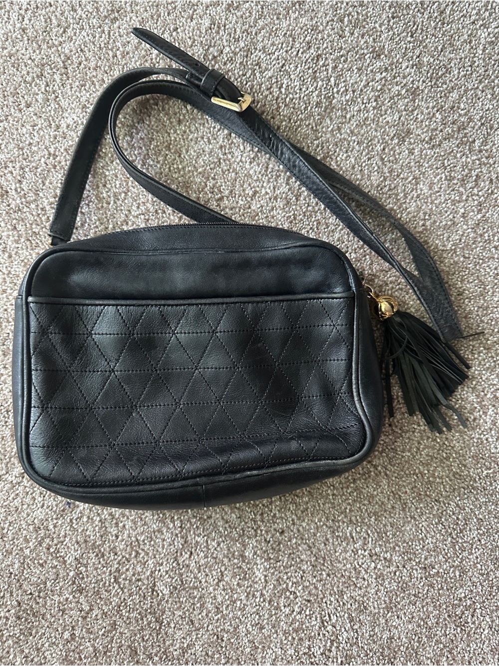 Talbots Black Quilted Leather Crossbody with Tassel Accent